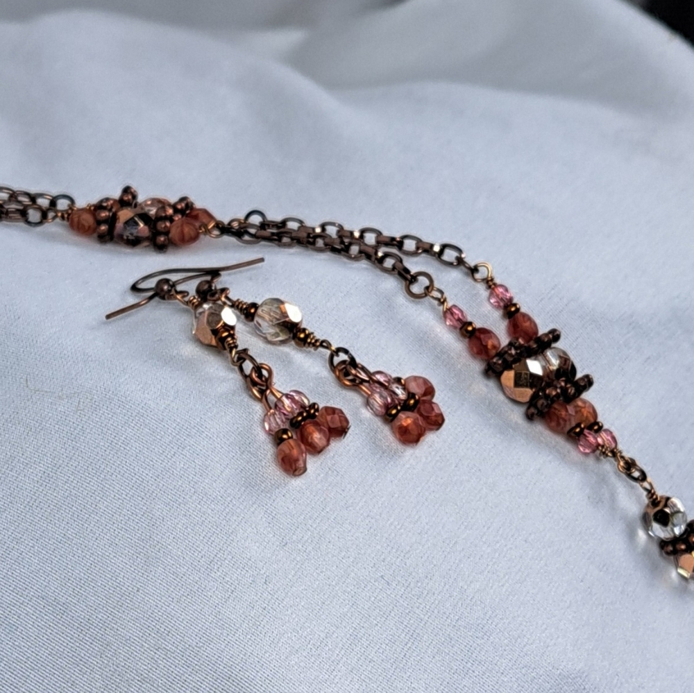 Elegant Pink Beaded and Chain Necklace With Earrings
